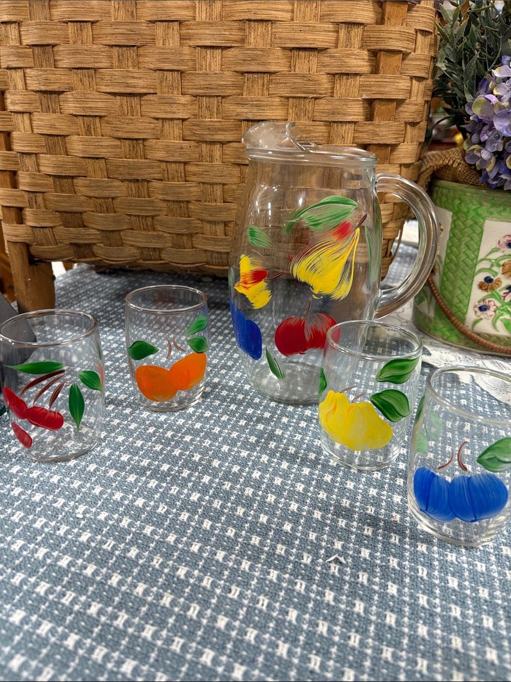 Vintage Bartlett Collins Hand Painted Fruit Juice Pitcher with 4 Glasses MCM